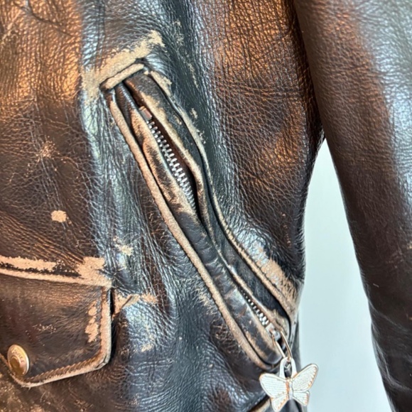 Distress Leather Motorcycle Jacket and Gloves - Picture 8 of 11